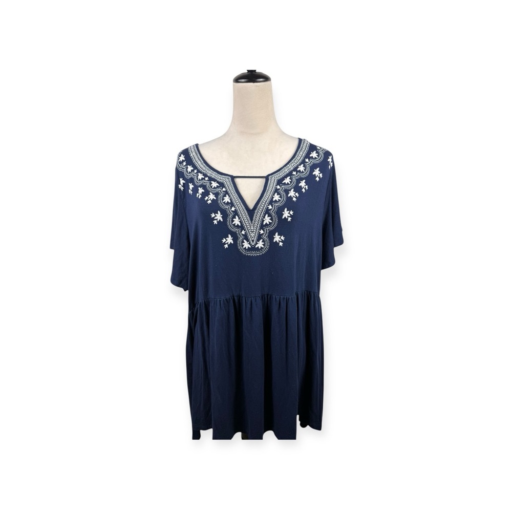 Navy Embroidered V-Neck Peasant Top